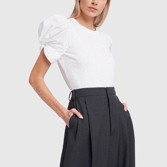 New GWYN Christopher Puff Sleeve Poplin T Shirt in Ivory White - Picture 4 of 14